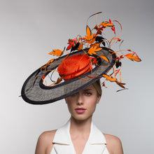 Load image into Gallery viewer, Orange and Black Sweeping Platter with Dancing Feather Leaves by Felicity Northeast Millinery