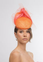 Load image into Gallery viewer, Orange and Pink Veiled Cocktail Hat By Felicity Northeast Millinery