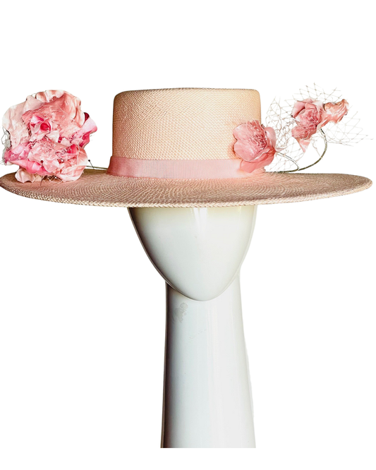 Pale Pink Panama Boater with Silk Flowers