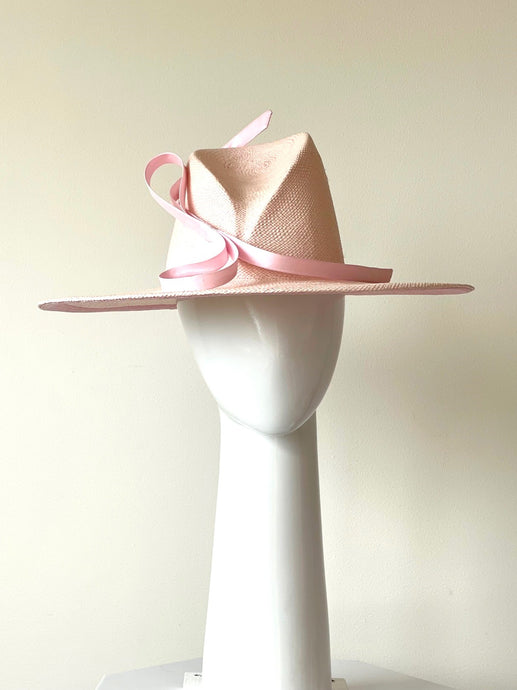 Pale Pink Panama Wide Brimmed Hat with Sweeping Bow