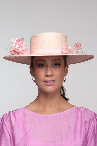 Pale Pink Panama Boater with Silk Flowers By Felicity Northeast Millinery