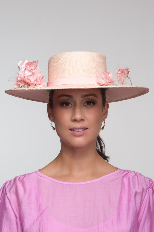Pale Pink Panama Boater with Silk Flowers By Felicity Northeast Millinery