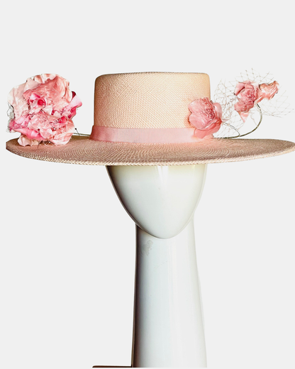 Pale Pink Panama Boater with Silk Flowers By Felicity Northeast Millinery