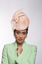 Load image into Gallery viewer, The Pink Double Curl Raised Beret features a straw pleated swirl that curves over the beret. 