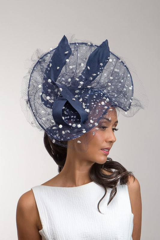 Polka Dot Platter Hat in Navy