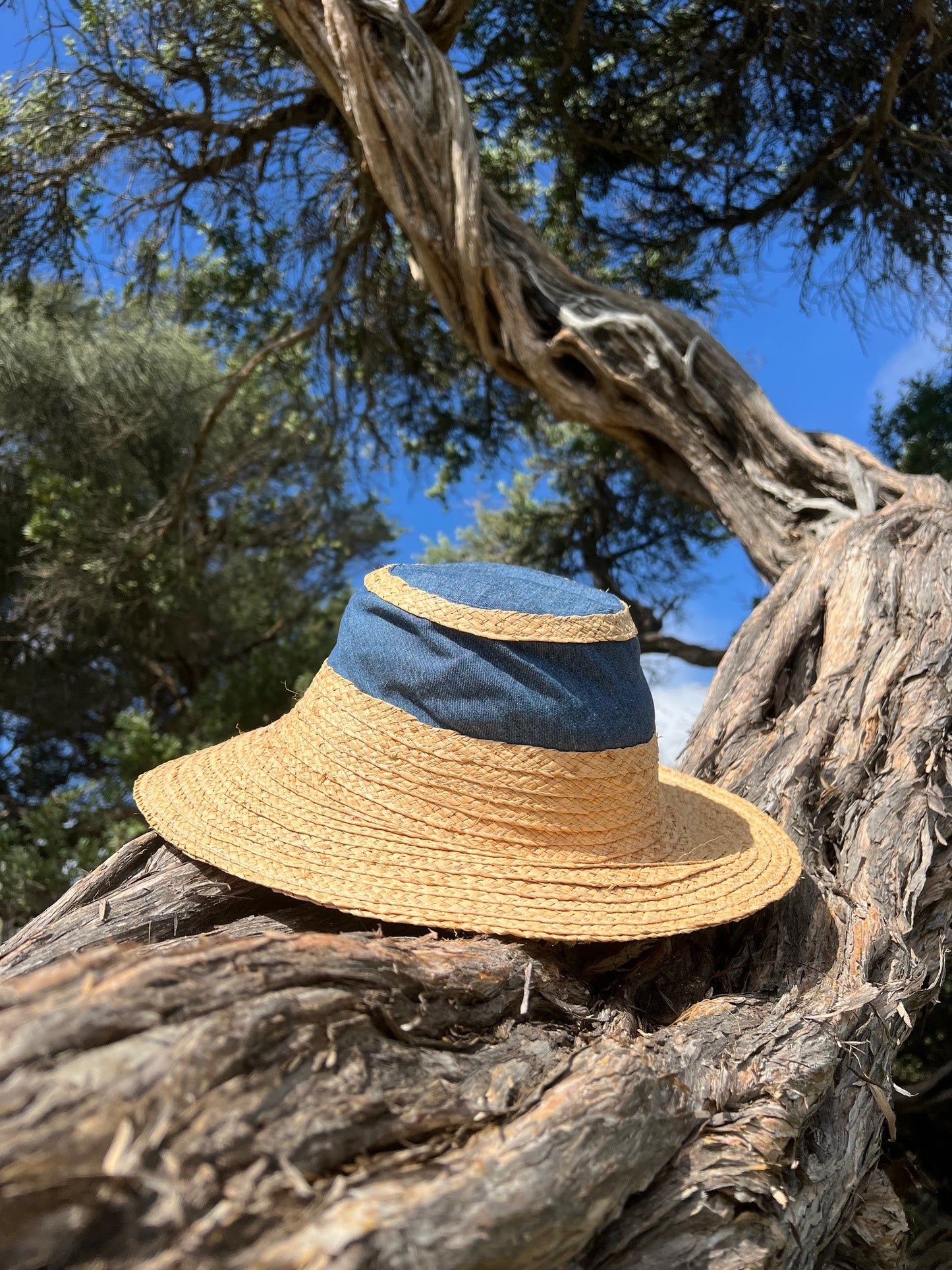 Raffia Brimmed Travel Hat in Denim