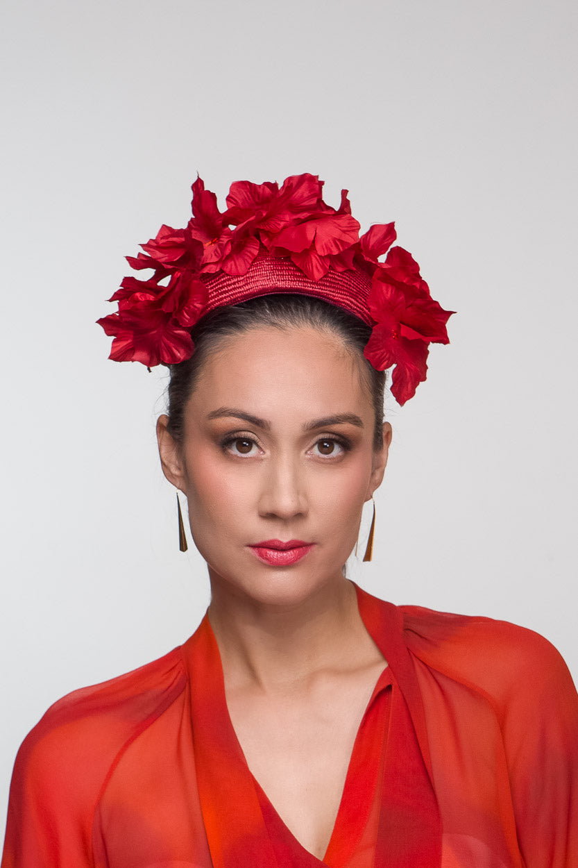 Red Bandeau with Floral Blooms by Felicity Northeast Millinery