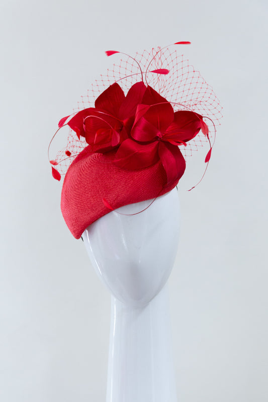 Red Beret with Silk Flowers By Felicity Northeast Millinery