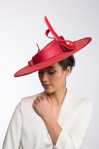Red Boater with Stylised Bows By Felicity Northeast Millinery