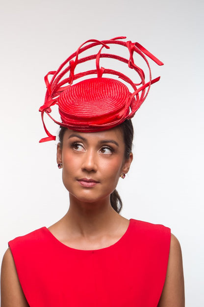 Red Button Hat with Floating Bows by Felicity Northeast Millinery