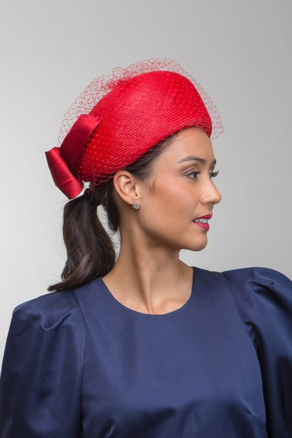 Red Pillbox with Silk Bow and Veiling by Felicity Northeast Millinery