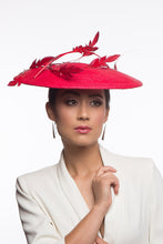 Load image into Gallery viewer, Red Platter Hat with Floating Feathers By Felicity Northeast Millinery