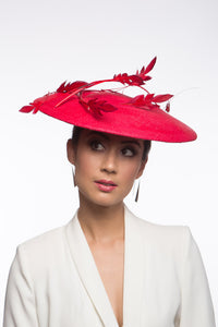 Red Platter Hat with Floating Feathers By Felicity Northeast Millinery