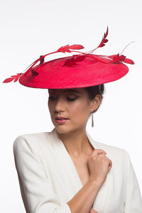 Red Platter Hat with Floating Feathers By Felicity Northeast Millinery