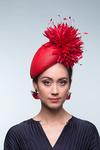 Red Side Beret with Pom Pom Chrysanthemum by Felicity Northeast Millinery