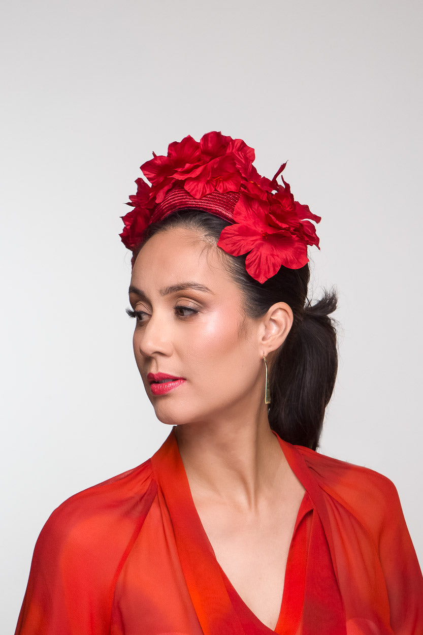 Red Bandeau with Floral Blooms by Felicity Northeast Millinery