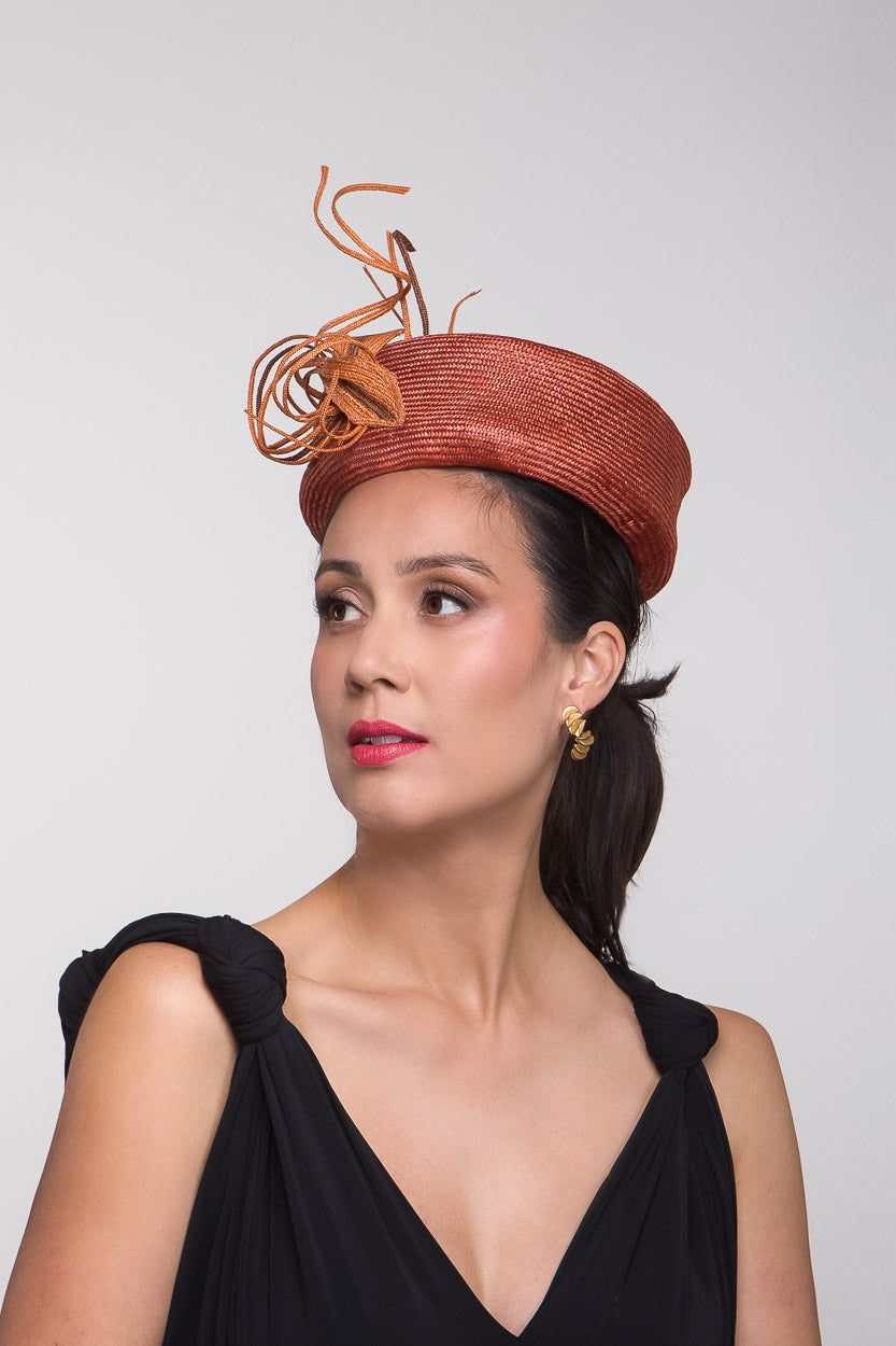 Rust Bronze Pillbox with Braid Leavesby Felicity Northeast Millinery