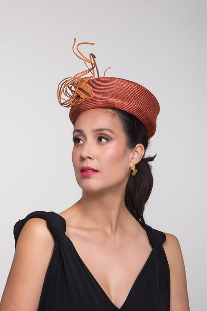 Rust Bronze Pillbox with Braid Leavesby Felicity Northeast Millinery