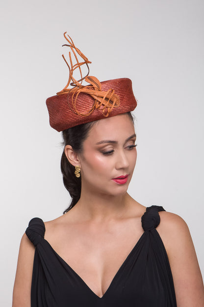 Rust Bronze Pillbox with Braid Leavesby Felicity Northeast Millinery