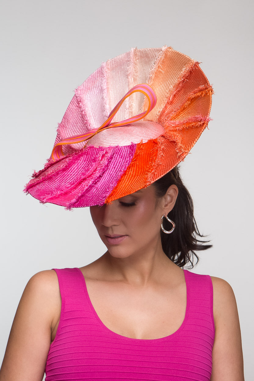 Shades of Pink and Orange Brimmed Sculptured Platter Hat by Felicity Northeast Millinery