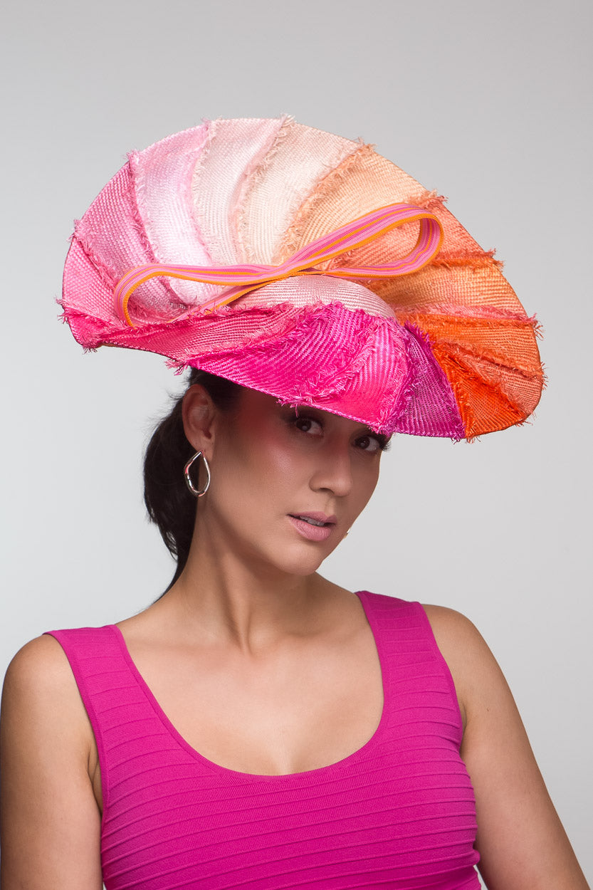 Shades of Pink and Orange Brimmed Sculptured Platter Hat by Felicity Northeast Millinery