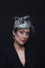 Load image into Gallery viewer, Silver Teardrop Beret with Feather Trimmed Veiling By Felicity Northeast Millinery