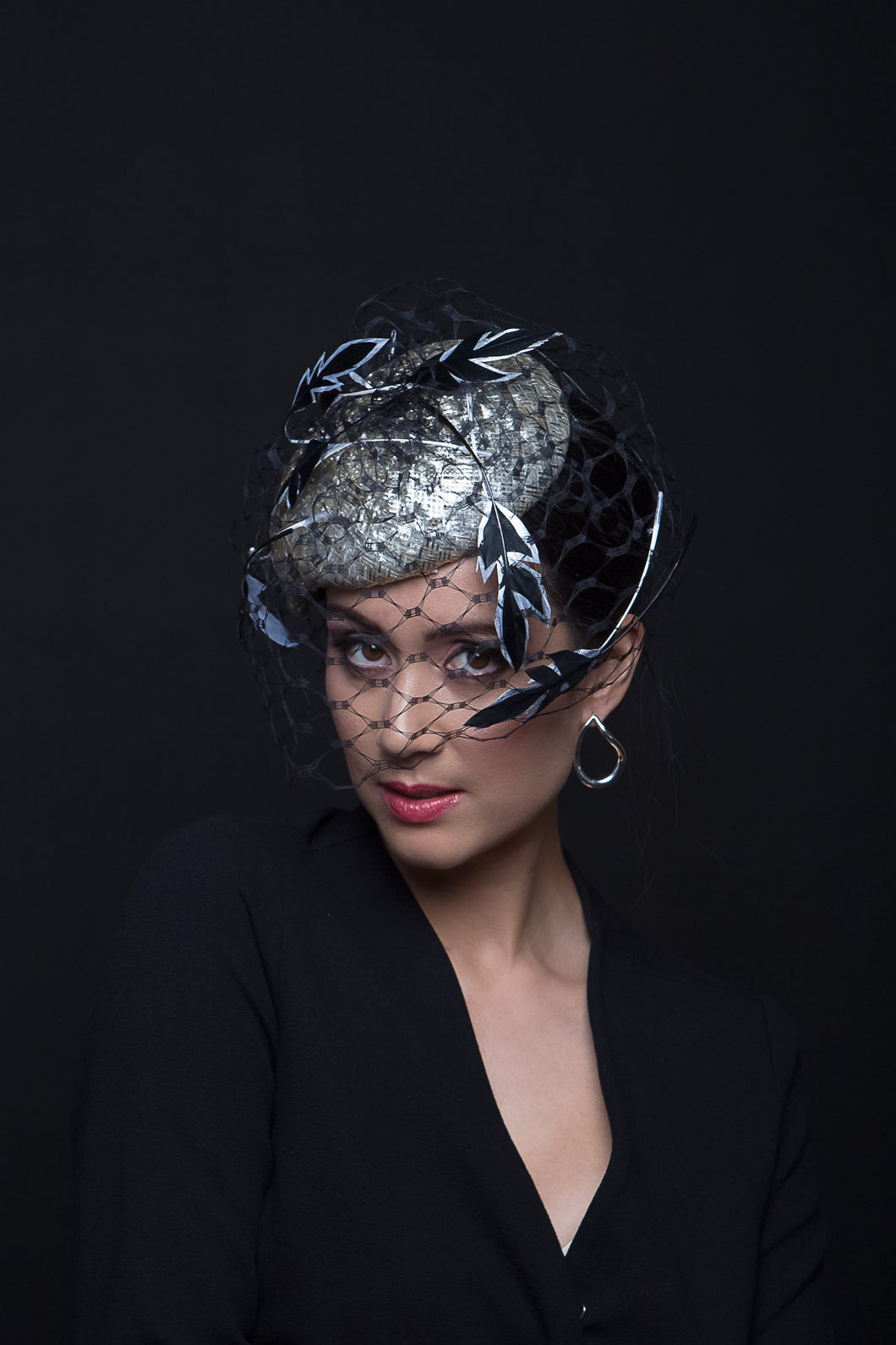 Silver Teardrop Beret with Feather Trimmed Veiling By Felicity Northeast Millinery