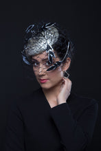 Load image into Gallery viewer, Silver Teardrop Beret with Feather Trimmed Veiling By Felicity Northeast Millinery