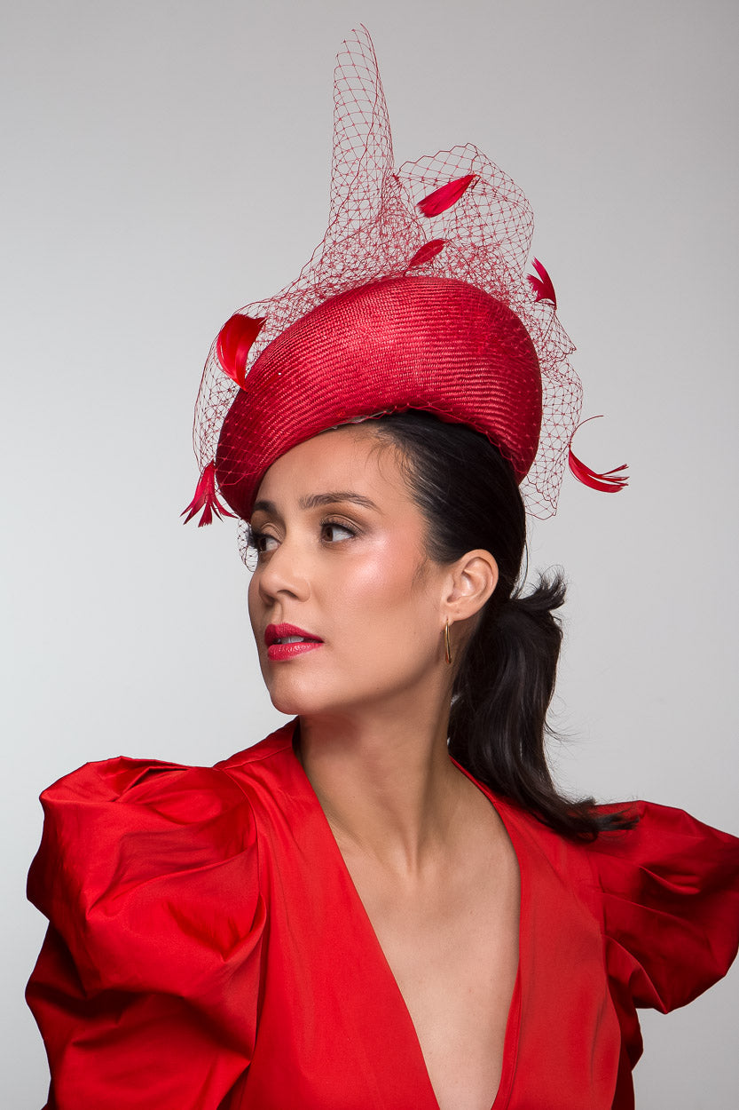 Statement Beret with Floating Feathers in Red By Felicity Northeast Millinery