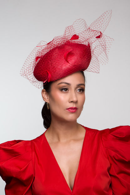 Statement Beret with Floating Feathers in Red By Felicity Northeast Millinery
