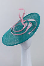 Load image into Gallery viewer, Sweeping Side Perforated Platter Hat in Green  and Baby Pink by Felicity Northeast Millinery