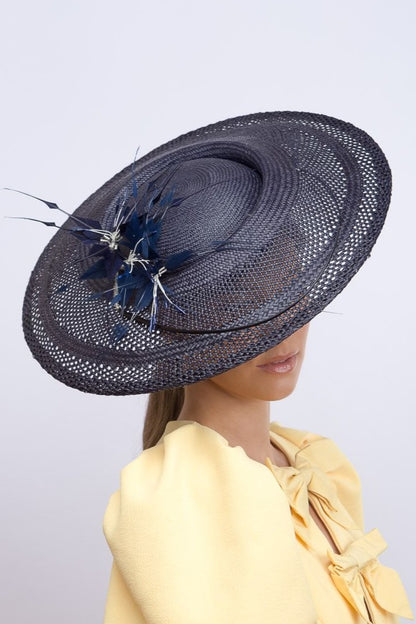 Sweeping Navy Platter with Feather Flowers by Felicity Northeast Millinery