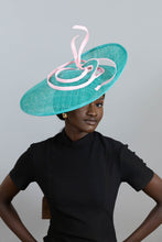 Load image into Gallery viewer, Sweeping Side Perforated Platter Hat in Green  and Baby Pink by Felicity Northeast Millinery