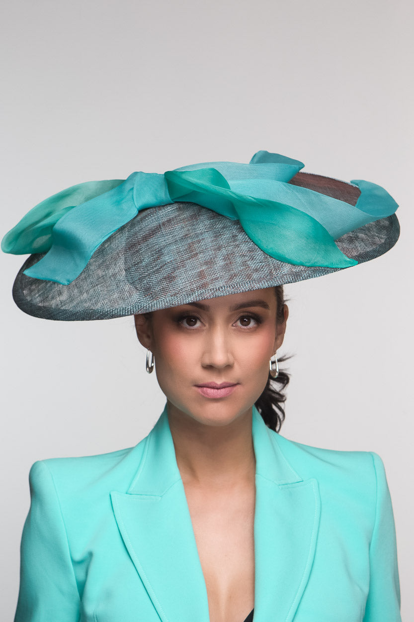 Teal Platter Hat with  Organza Silk bow Trim by Felicity Northeast Millinery