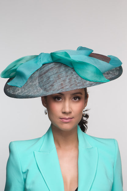 Teal Platter Hat with  Organza Silk bow Trim by Felicity Northeast Millinery