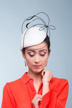 Load image into Gallery viewer, This Teardrop Derby Hat features a teardrop shaped side beret in white and trimmed with crinoline braid to create a sculptural effect