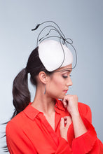 Load image into Gallery viewer, This Teardrop Derby Hat features a teardrop shaped side beret in white and trimmed with crinoline braid to create a sculptural effect