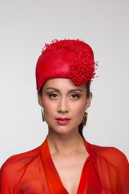 Teardrop Red Beret with Fringing By Felicity Northeast Millinery