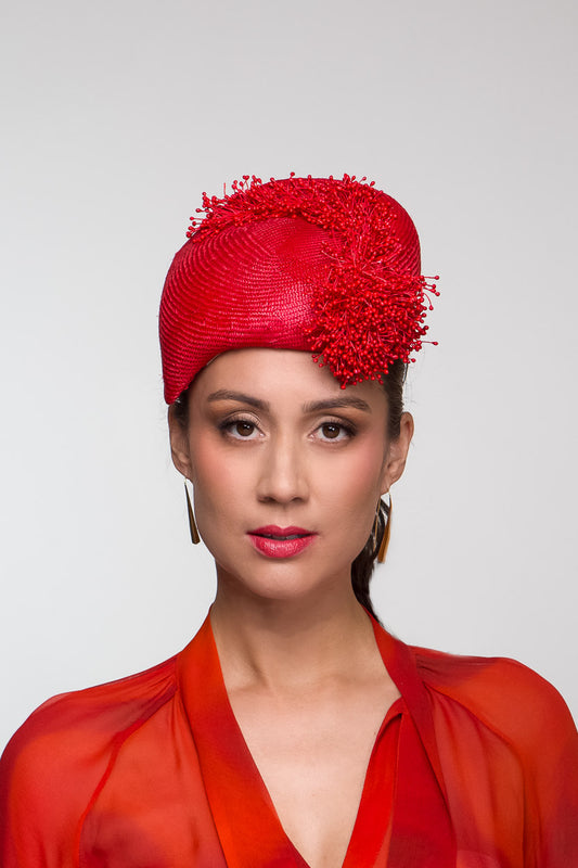 Teardrop Red Beret with Fringing By Felicity Northeast Millinery
