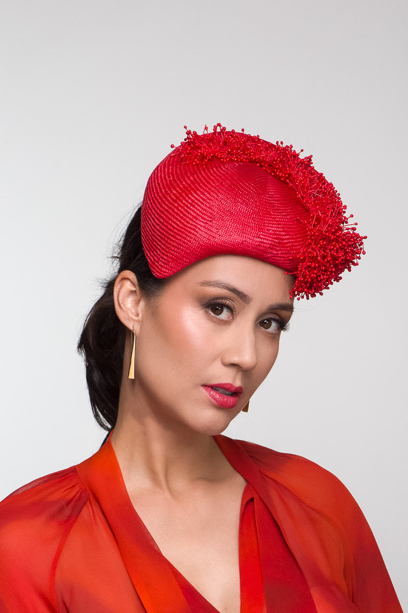 Teardrop Red Beret with Fringing By Felicity Northeast Millinery