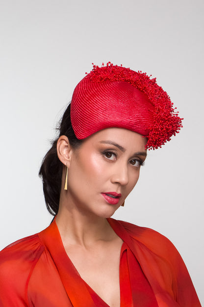 Teardrop Red Beret with Fringing By Felicity Northeast Millinery