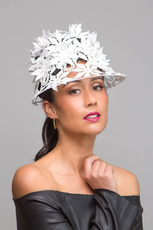 Textured Lace Cap in White and Black by Felicity Northeast Millinery