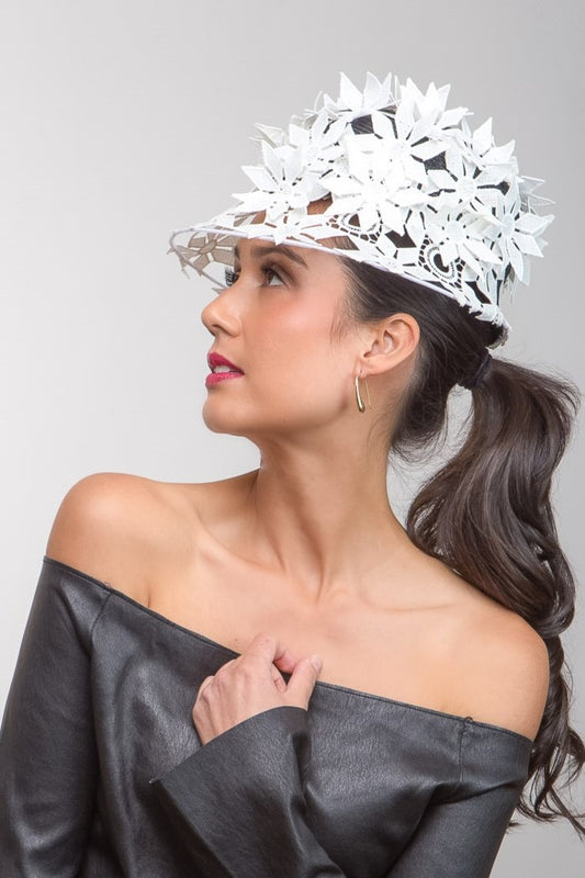 Textured Lace Cap in White and Black by Felicity Northeast Millinery