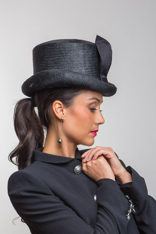 Timeless Black Top hat with Tie Trim By Felicity Northeast Millinery