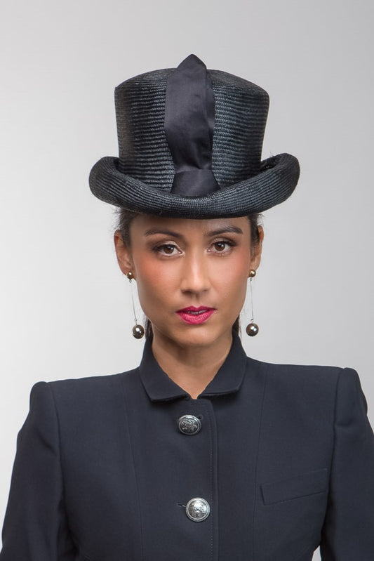 Timeless Black Top hat with Tie Trim By Felicity Northeast Millinery