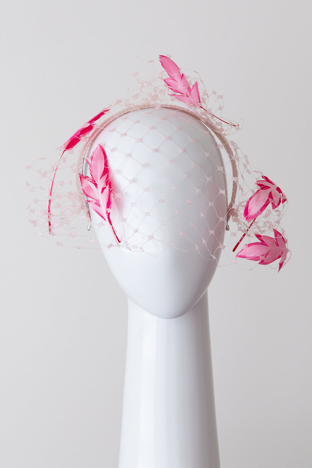 Veiled Feather Leaf Headband in Pinks by Felicity Northeast Millinery