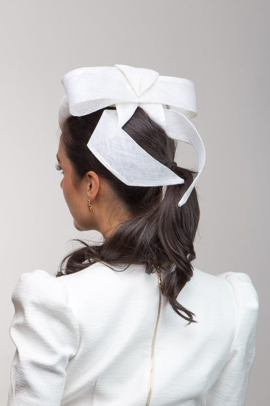 White Beret with Sweeping Back Bow