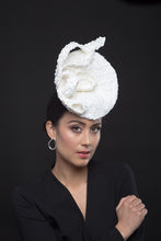 Load image into Gallery viewer, The White Braid Percher Platter features a raised platter hat, made with vintage textured white and ivory rocello braid.