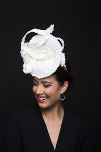 The White Braid Percher Platter features a raised platter hat, made with vintage textured white and ivory rocello braid.