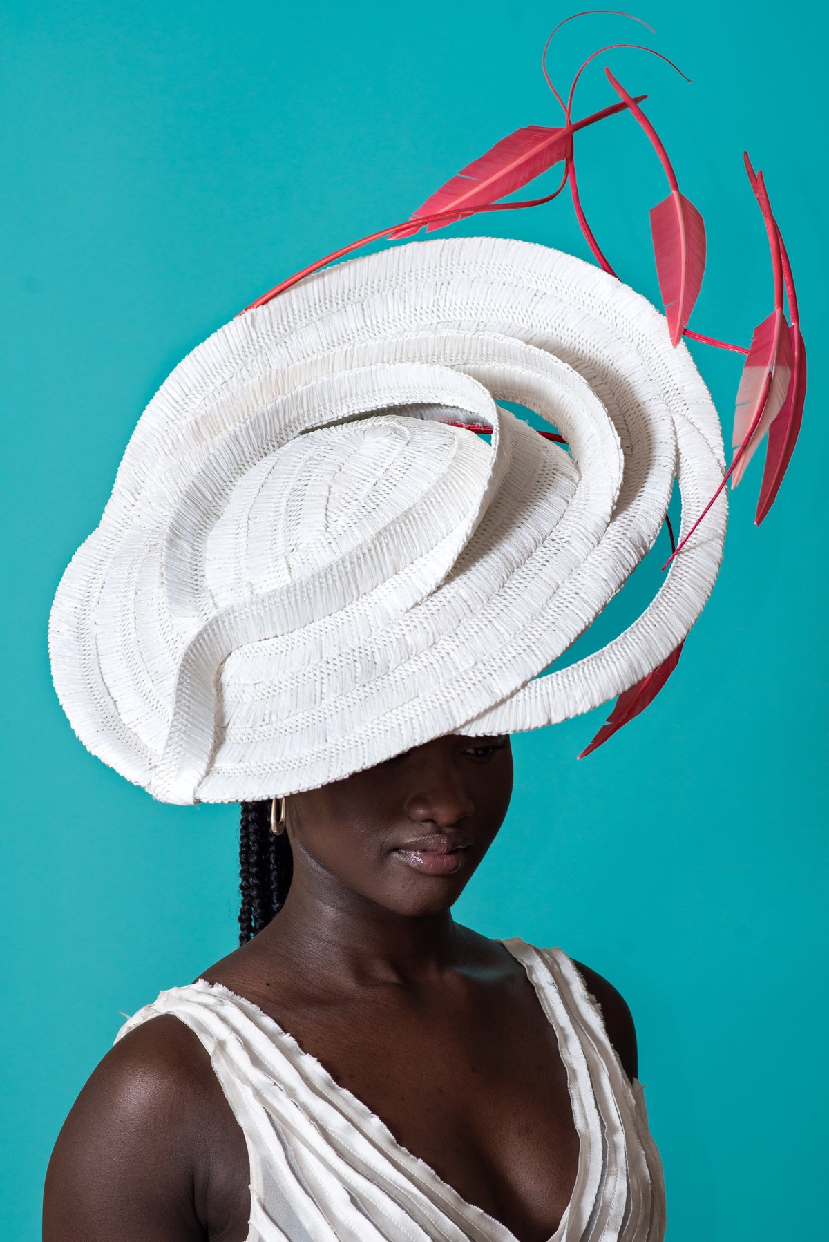 White Braid Sweeping Platter with Dancing Pink Feathers by Felicity Northeast Millinery